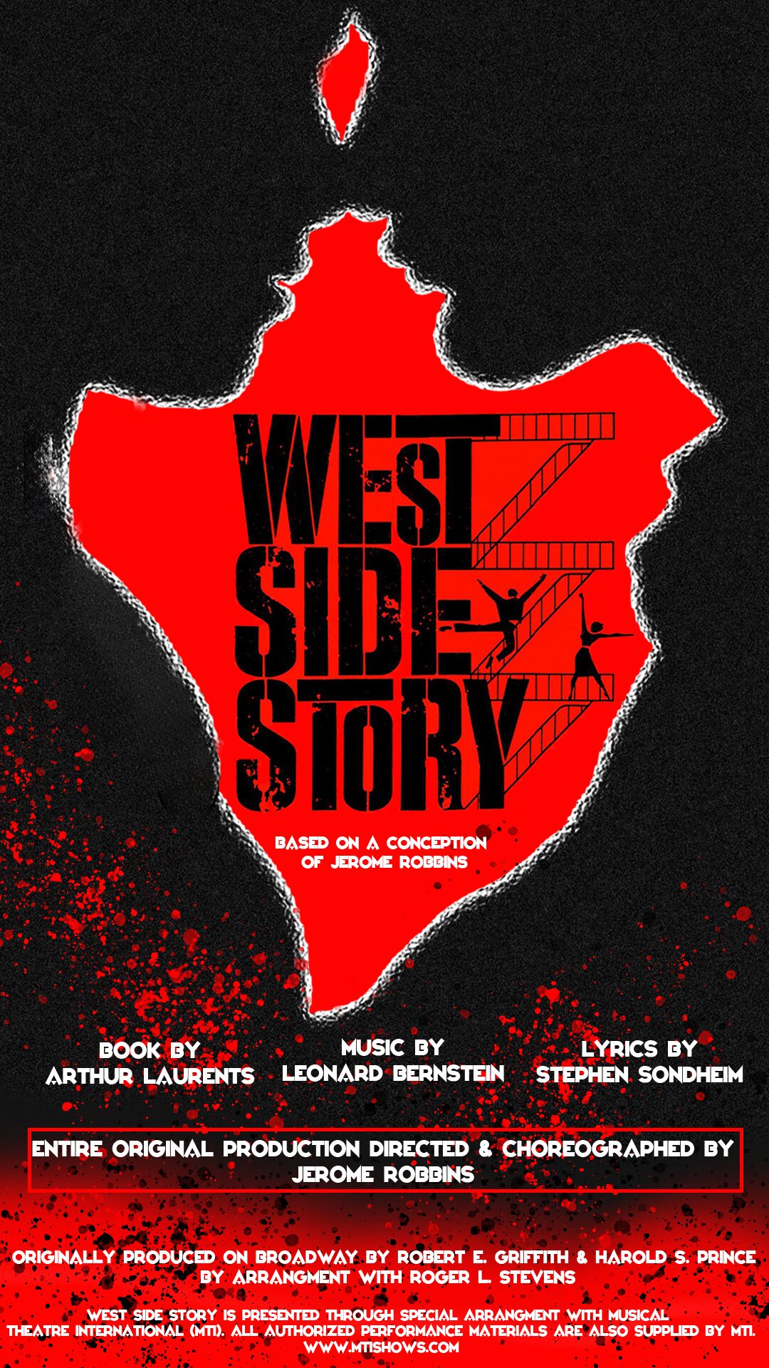 West Side Story poster with credits for Arthur Laurents, Leonard Bernstein, Stephen Sondheim, and Jerome Robbins. Live in Glendale, CA