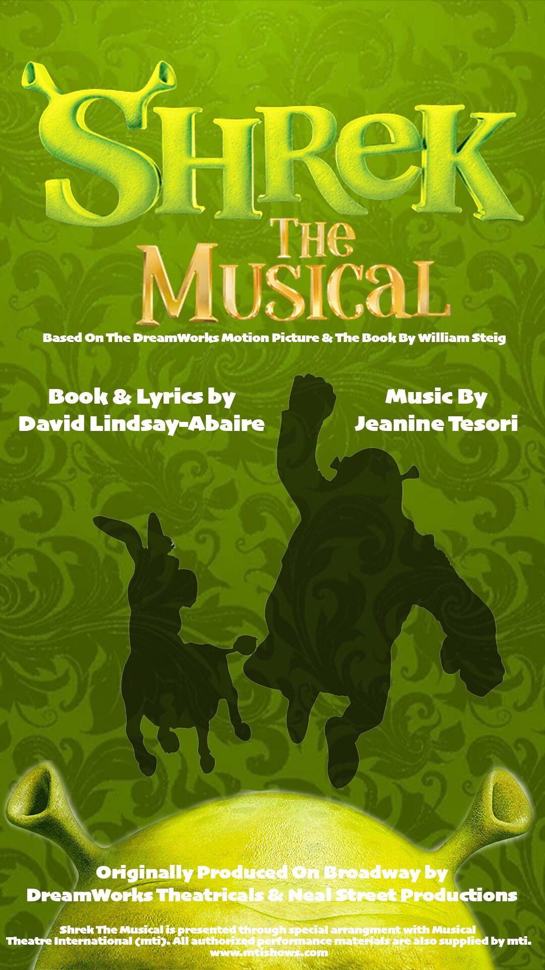 Shrek The Musical Poster with credits for The Nocturne Theatre in Glendale, CA